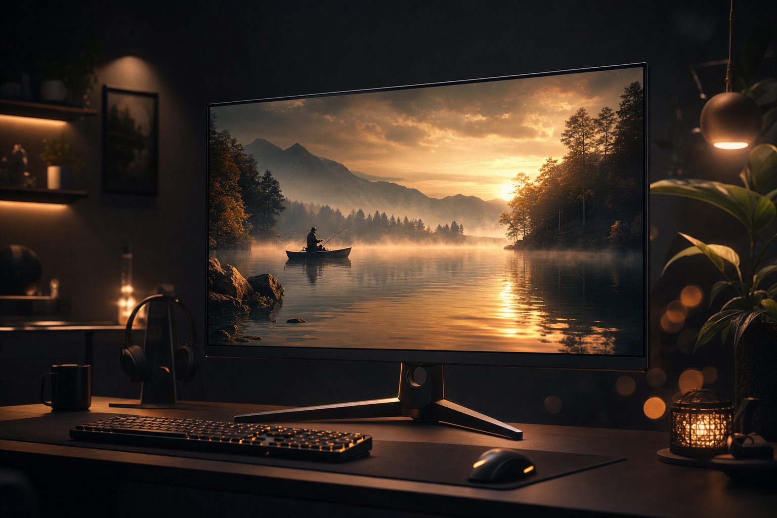 A monitor glowing with a lake scene in a dark room