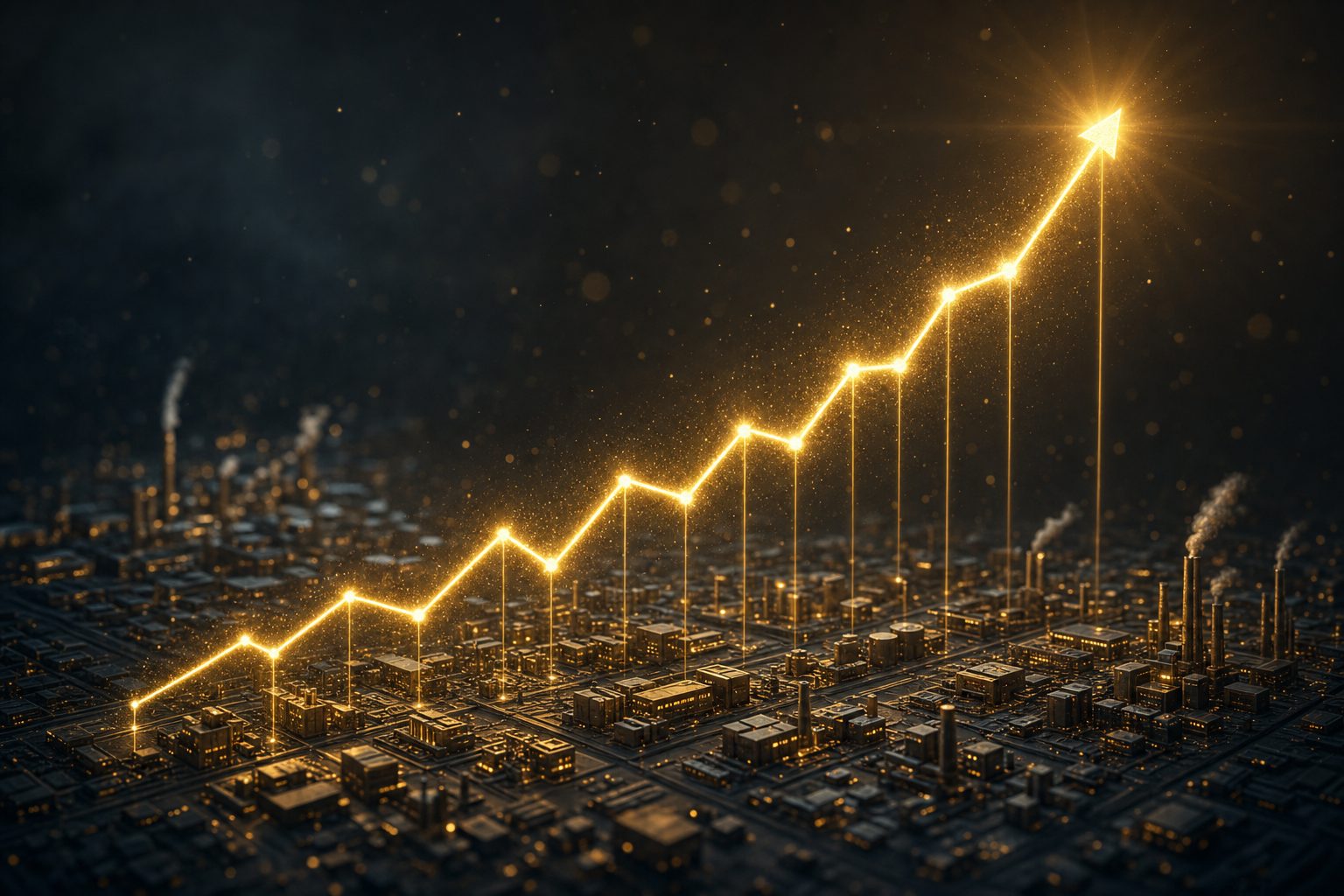 A glowing gold graph rising over a dark simulated city