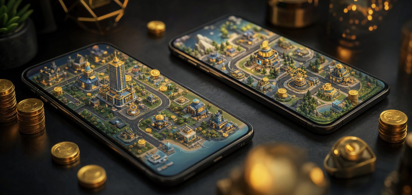 Two phones showing management game worlds