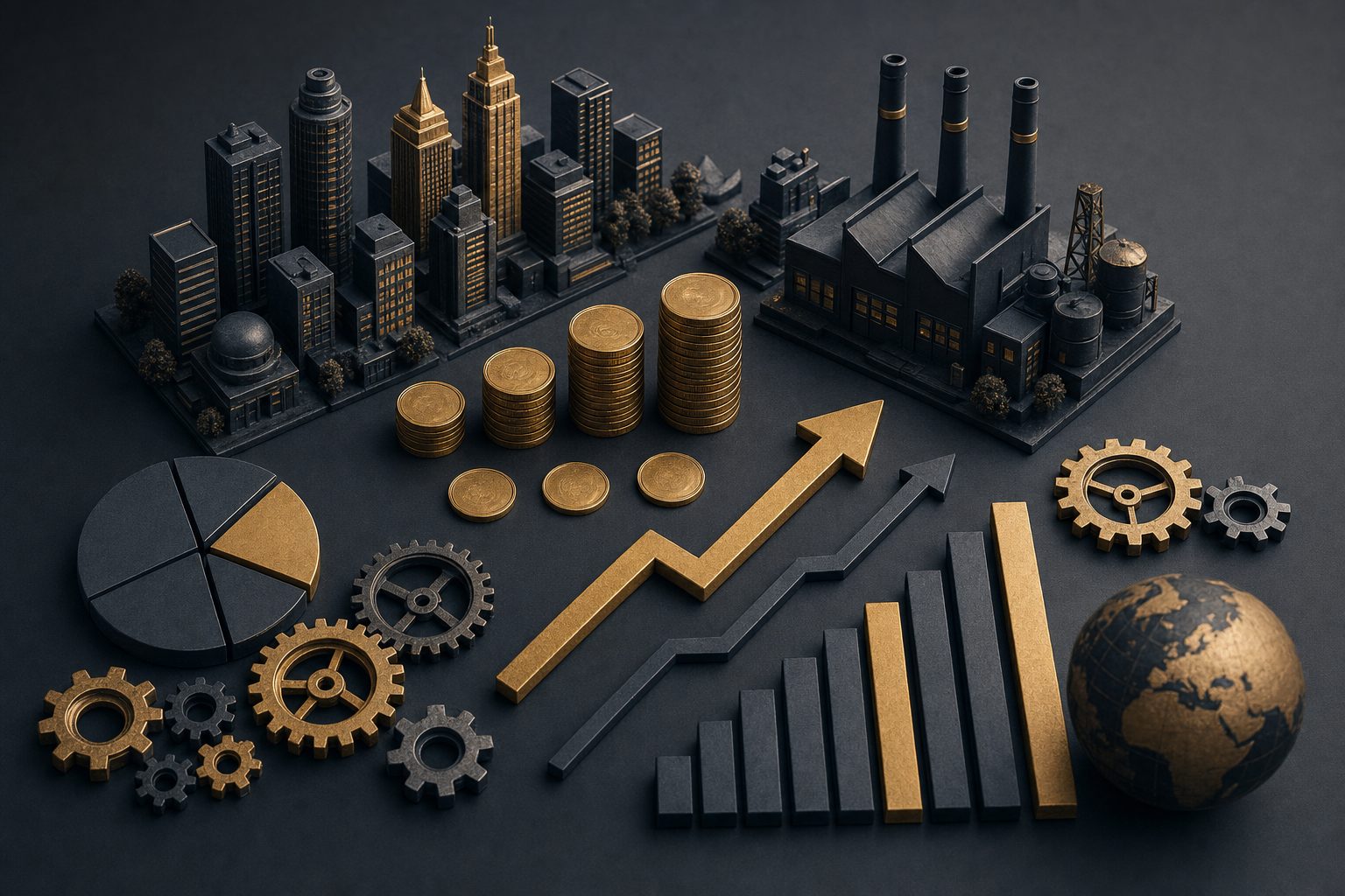Miniature city and factory models with coins and graphs