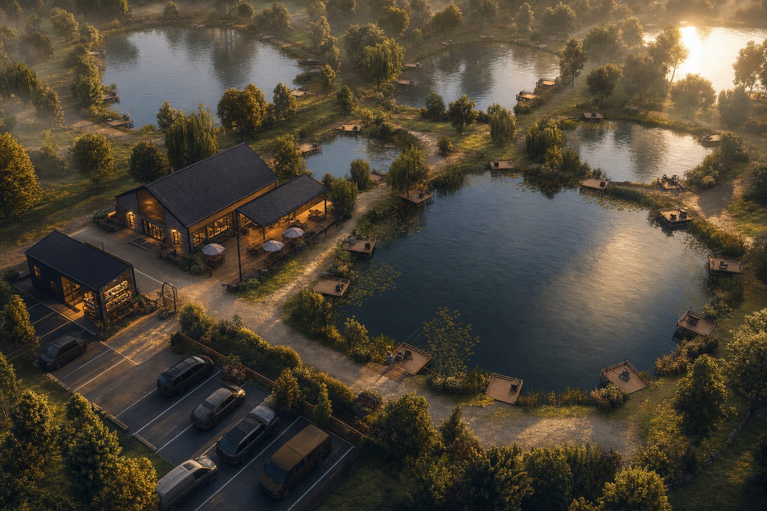 Aerial view of a developed commercial carp fishery at dawn