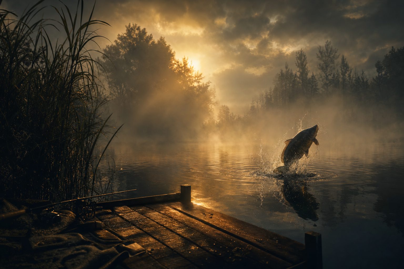 A large mirror carp breaking the surface of a misty dawn lake