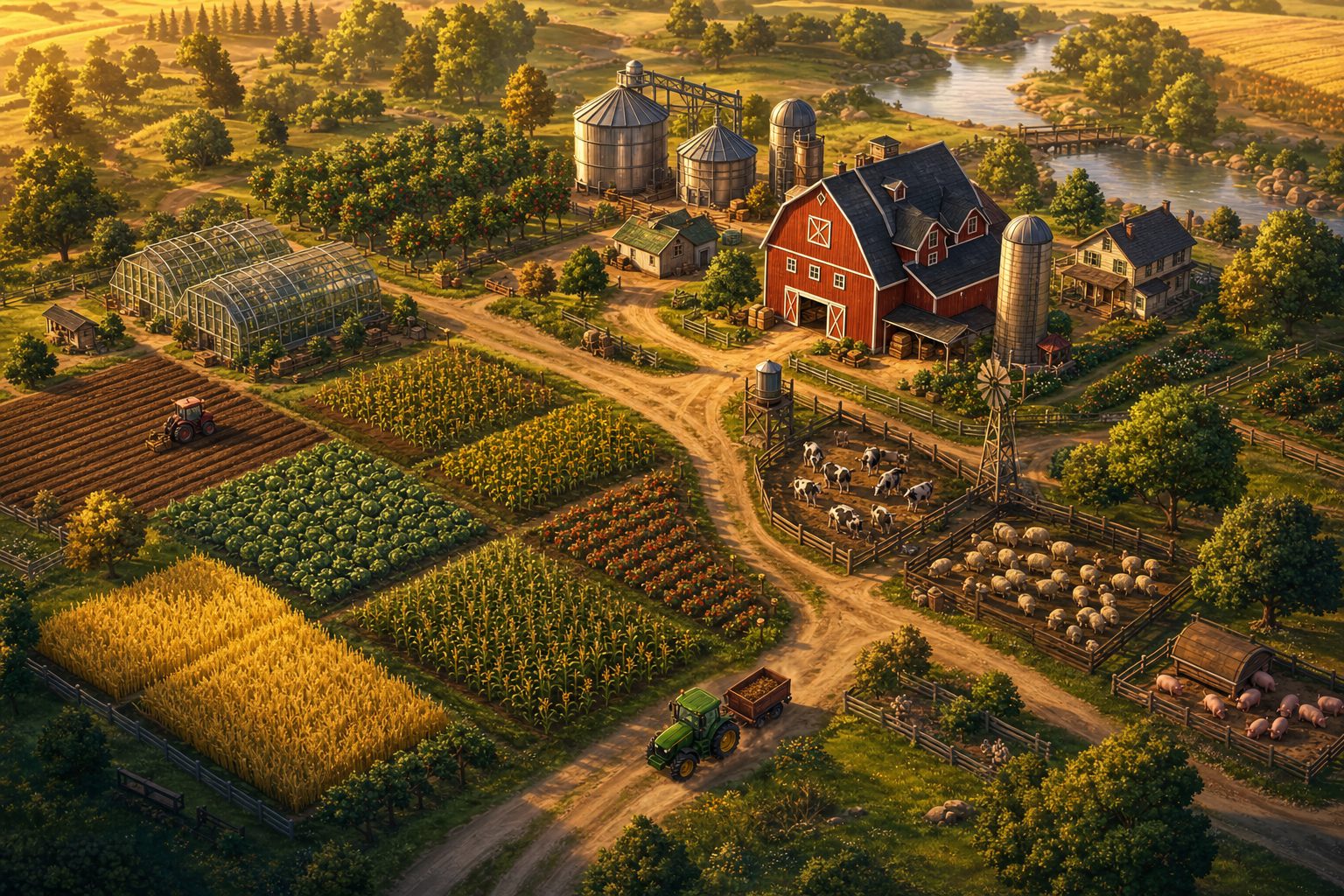 Isometric view of a thriving farm with fields, barn, silos and livestock