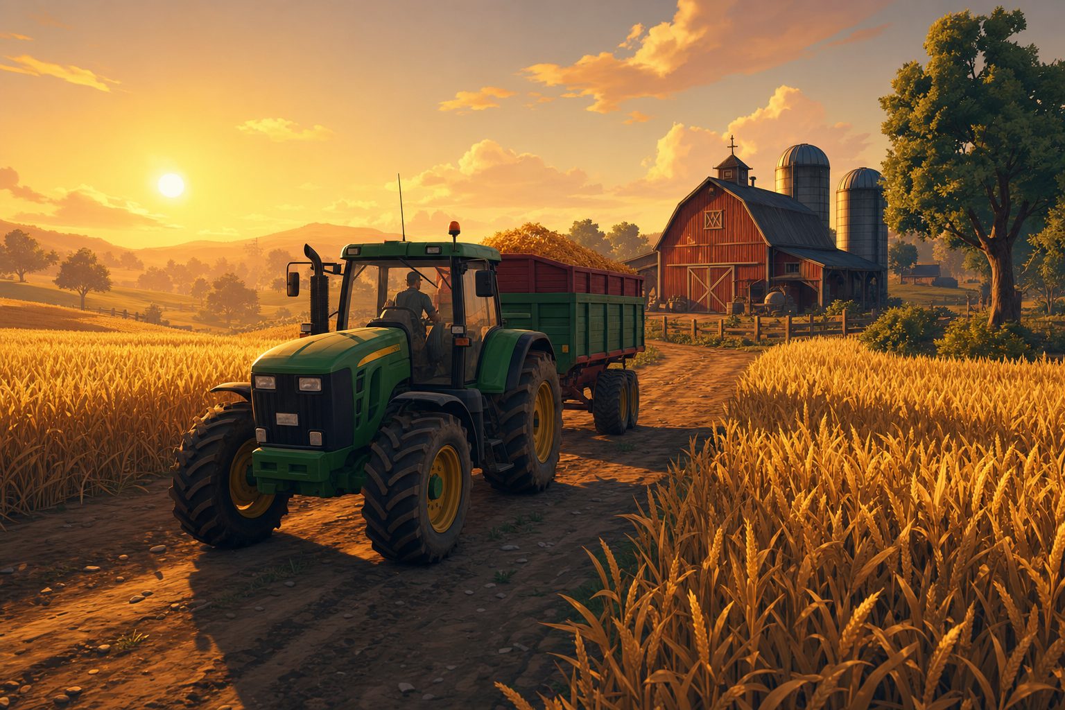 A green tractor towing a trailer along a farm track between wheat fields at sunset