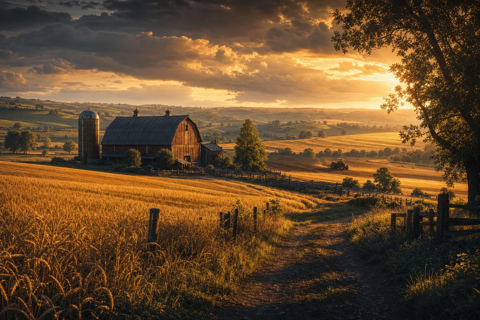 Golden-hour view over rolling English farmland with a barn and silo